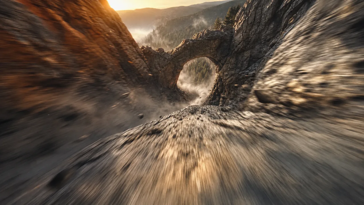 First frame showing a high-speed drone flight through a rocky canyon arch at sunset.